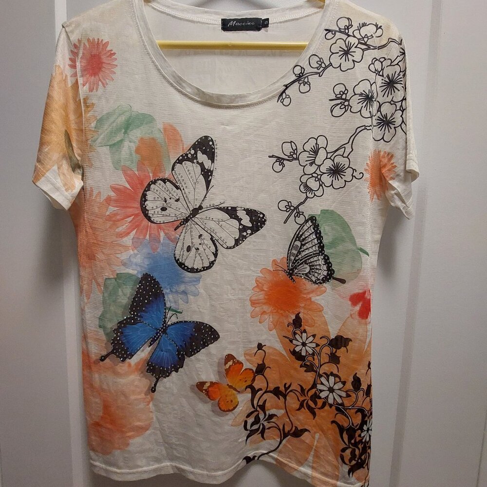 MACCINE Women's Floral/Butterfly/Rhinestones Short Sleeves Tee - SML